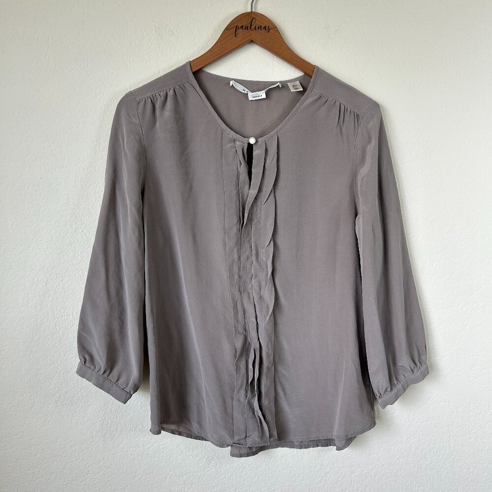 Max Studio Top Womens Large Gray Silk Pleated 3/4 Sleeve Career Blouse L